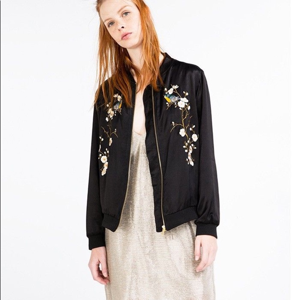 Zara Floral Embroidered Satin Bomber